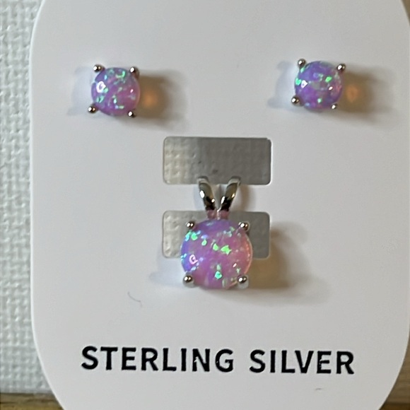Solid Sterling Silver Post Earrings Pendant Set Lab Pink Opal - Picture 2 of 5